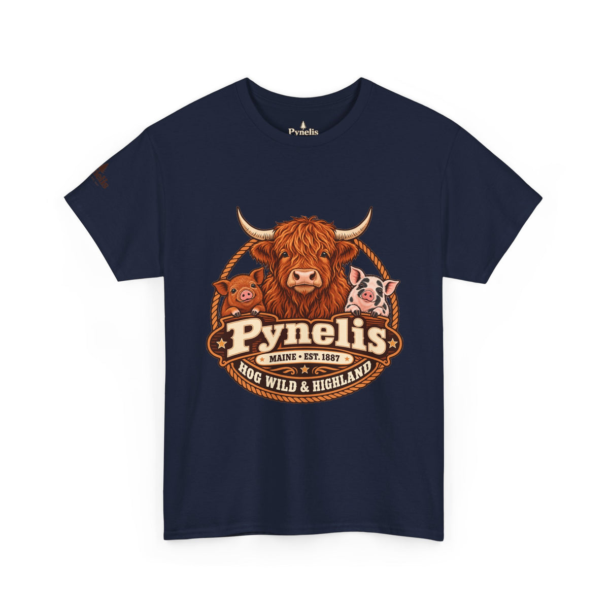 Highland Cow & Pig Farm Tee — Pynelis "Moo & Oink" Vintage Farm Logo T-Shirt