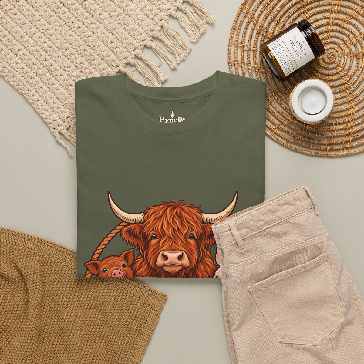 Highland Cow & Pig Farm Tee — Pynelis "Moo & Oink" Vintage Farm Logo T-Shirt