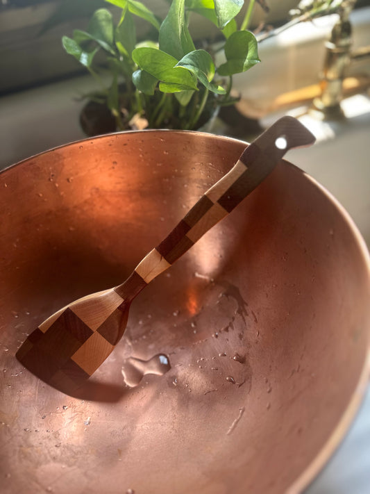 Hand-carved, South African harvested olive wood, African walnut, Maine harvested flame birch, and Brazilian harvested king wood spatula with resting notch
