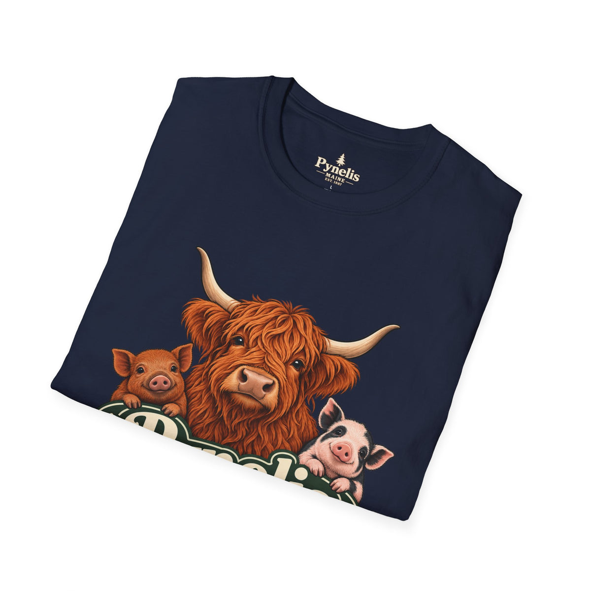 Farm Animal Graphic T-Shirt — "Pynelis" Highland Cow, Pig & Piglet Retro Design