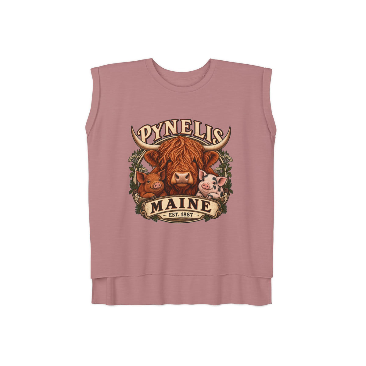 Maine Farm Animal Muscle Tee — "Pynelis" Highland Cow & Pig Graphic