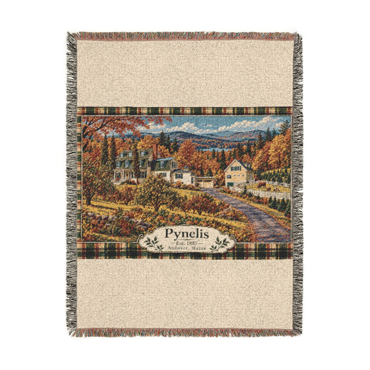 Plaid Woven Blanket — Autumn Village Tapestry Throw (Cozy Pynelis Landscape)