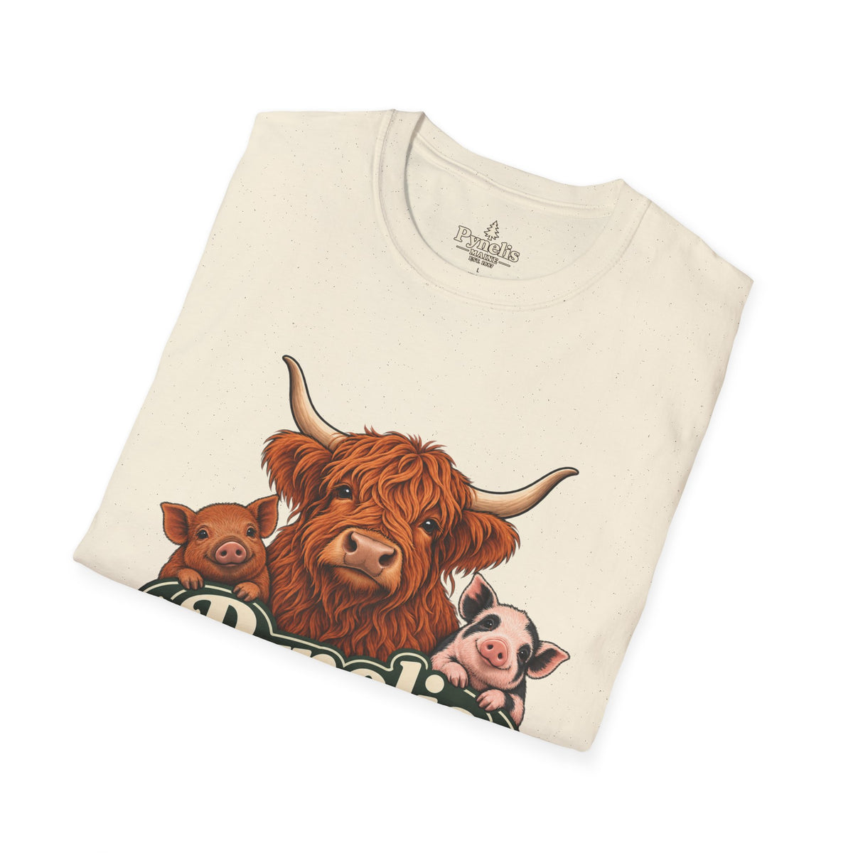 Farm Animal Graphic T-Shirt — "Pynelis" Highland Cow, Pig & Piglet Retro Design