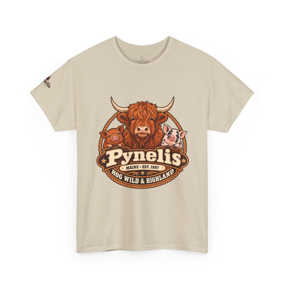 Highland Cow & Pig Farm Tee — Pynelis "Moo & Oink" Vintage Farm Logo T-Shirt