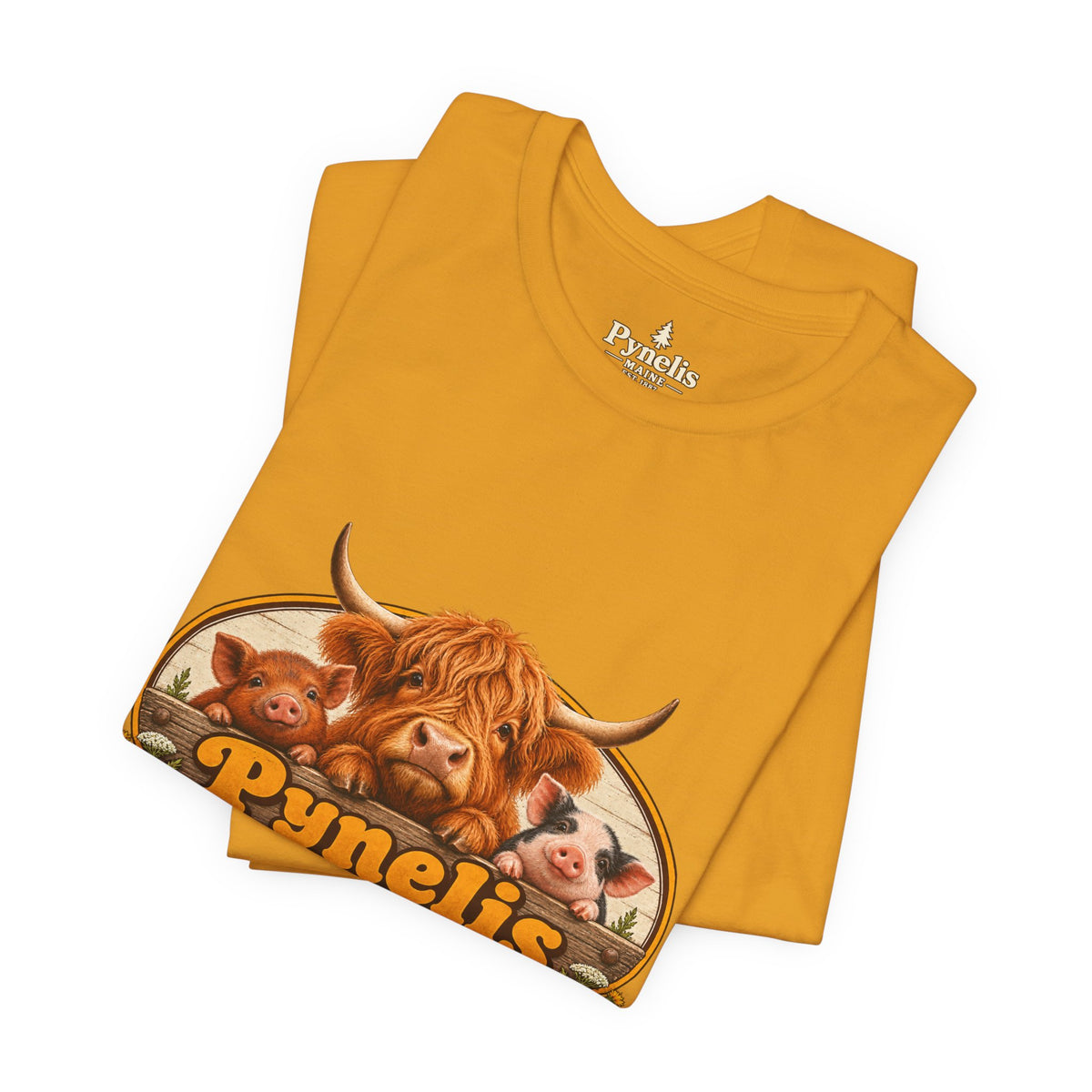 Highland Cow Farm T-Shirt — “Pynelis” Vintage Rustic Livestock Tee