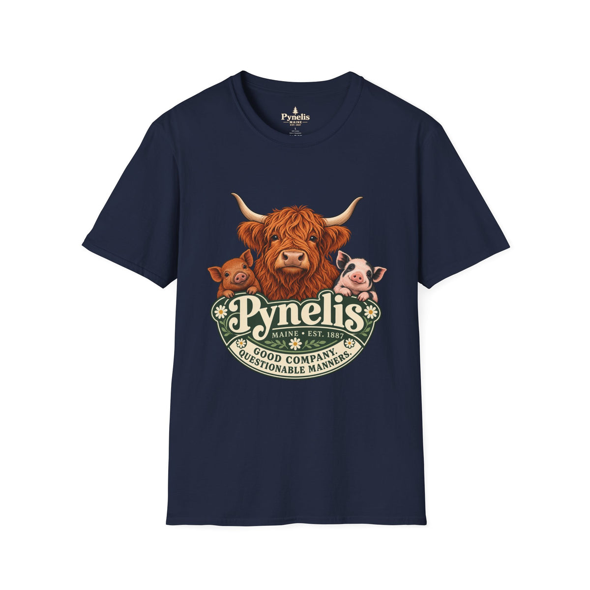 Farm Animal Graphic T-Shirt — "Pynelis" Highland Cow, Pig & Piglet Retro Design