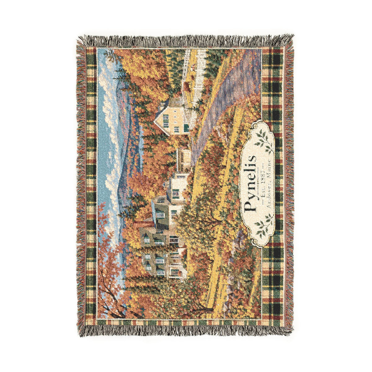 Plaid Woven Blanket — Autumn Village Tapestry Throw (Cozy Pynelis Landscape)