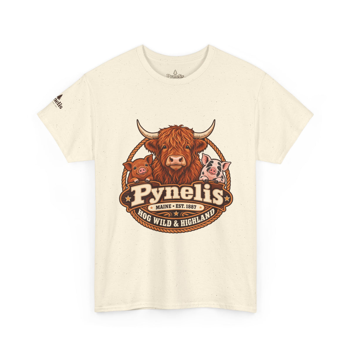 Highland Cow & Pig Farm Tee — Pynelis "Moo & Oink" Vintage Farm Logo T-Shirt
