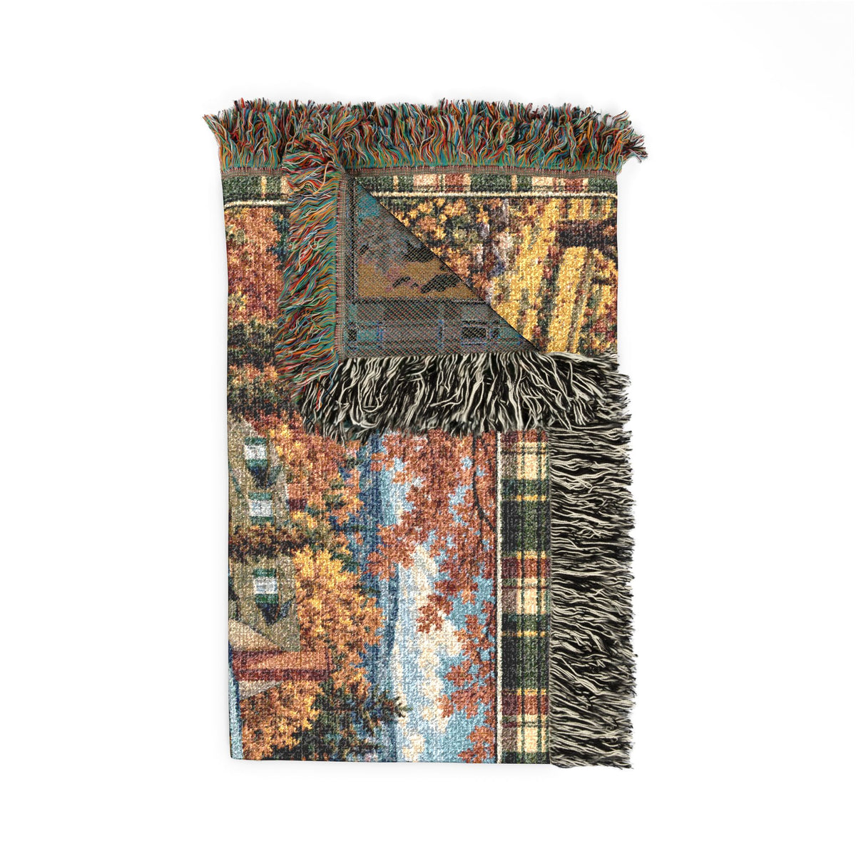 Plaid Woven Blanket — Autumn Village Tapestry Throw (Cozy Pynelis Landscape)