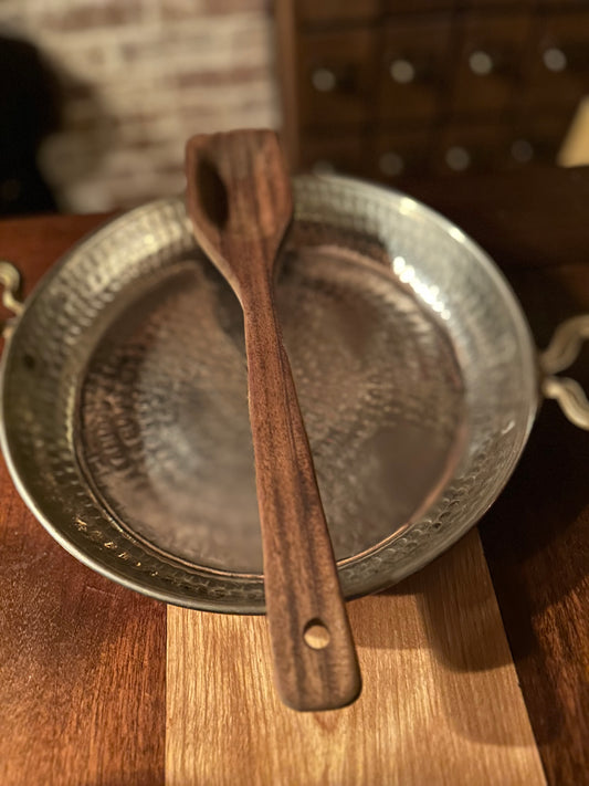 Flat top African walnut spatula hand-carved in Maine