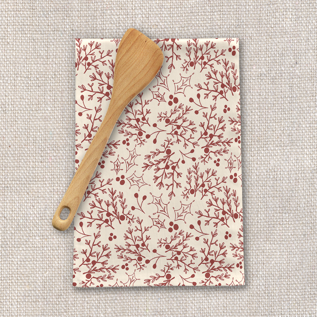 Red Christmas Branch Tea Towel