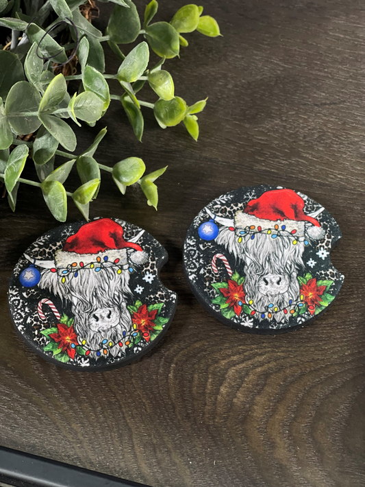 Holly Jolly Highland Cow Car Coaster Set