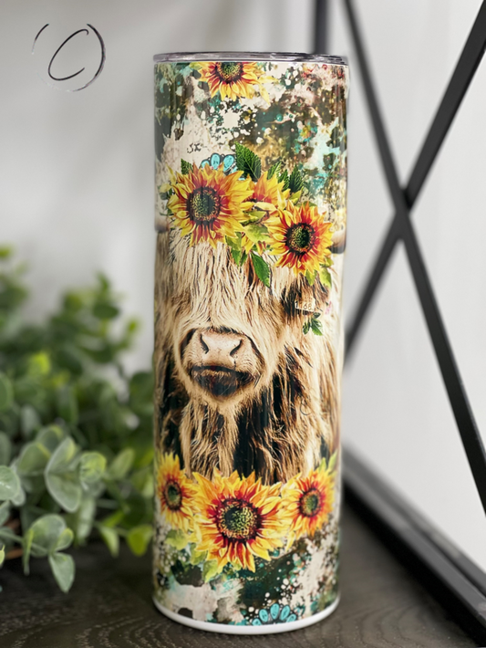 Sunflower Highland Cow 20oz Skinny Tumbler