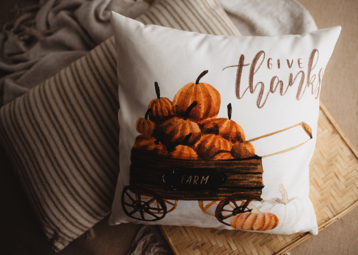 Give Thanks | Pumpkin Wagon Pillow | Farmhouse Pillows | Country Decor