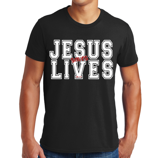 Mens Performance T-shirt Jesus Saves Lives White Red Illustration