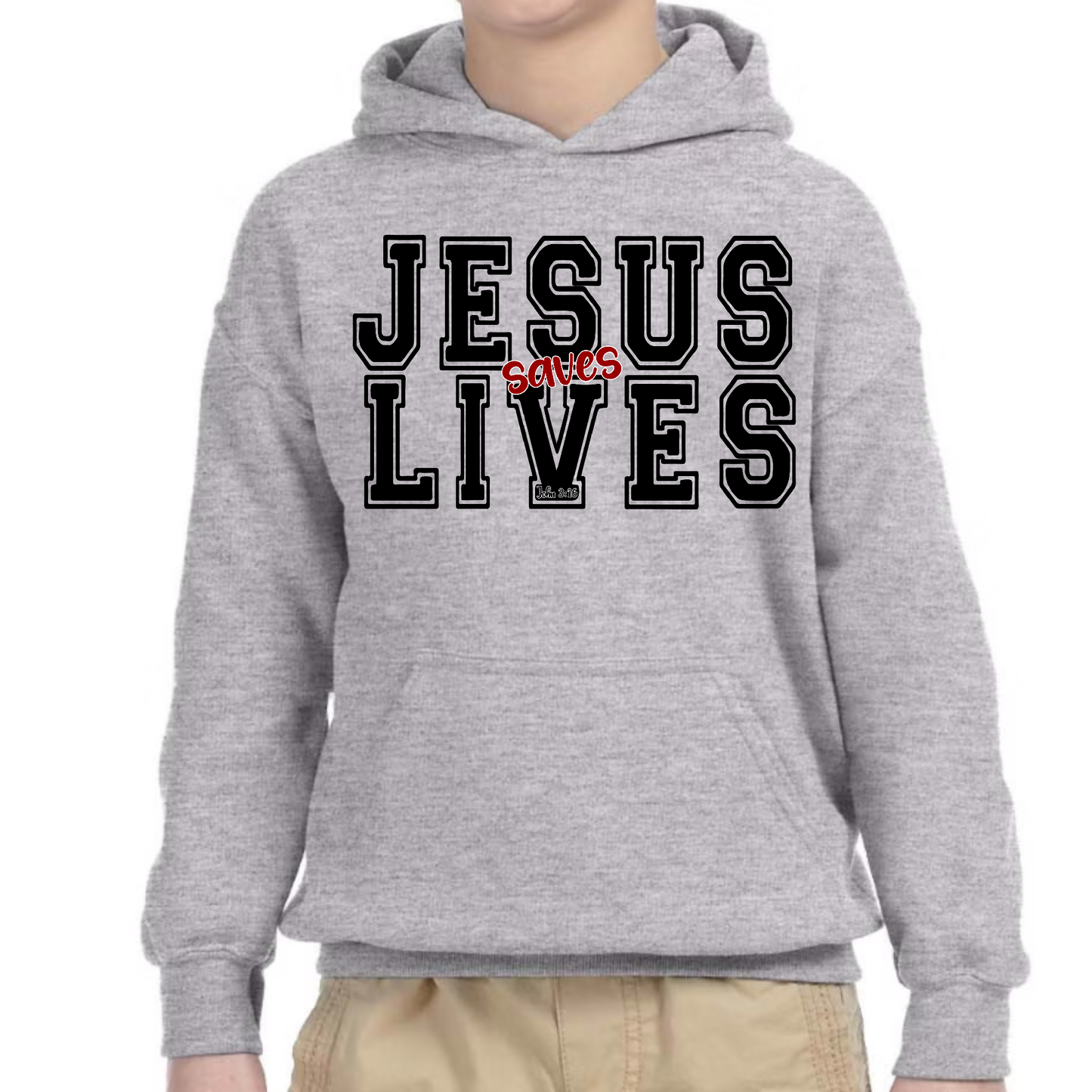 Youth Long Sleeve Hoodie Jesus Saves Lives Black Red Illustration