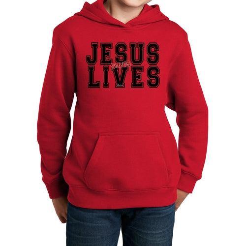 Youth Long Sleeve Hoodie Jesus Saves Lives Black Red Illustration