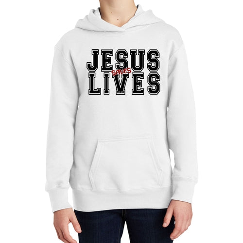 Youth Long Sleeve Hoodie Jesus Saves Lives Black Red Illustration